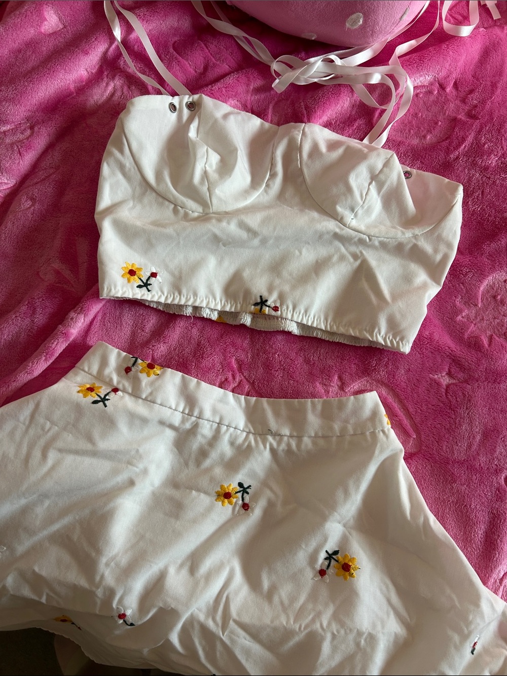 White Floral Embroidered Bustier Top and Skirt Set